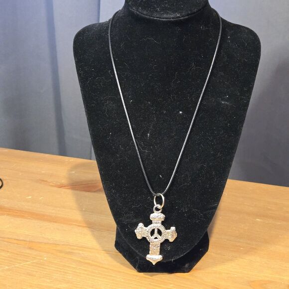 Silver Tone Cross Peace Sign Pendant Cord Necklace - Picture 2 of 6
